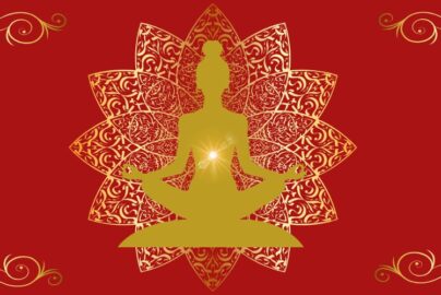 Solar plexus chakra meditation illustration with golden Buddha silhouette and ornate mandala pattern on red background