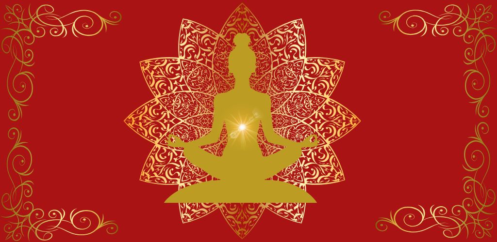 Solar plexus chakra meditation illustration with golden Buddha silhouette and ornate mandala pattern on red background