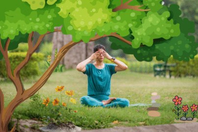 A woman practices bhramari technique outdoors in a park, sitting cross-legged under a large tree with her hands covering her eyes, surrounded by illustrated flowers and greenery.A woman practices yoga outdoors in a park, sitting cross-legged on a mat under a large tree with her hands covering her eyes, surrounded by illustrated flowers and greenery.
