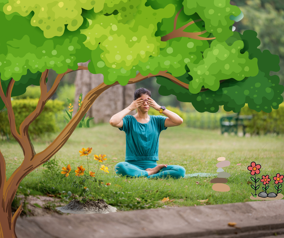 A woman practices bhramari technique outdoors in a park, sitting cross-legged under a large tree with her hands covering her eyes, surrounded by illustrated flowers and greenery.A woman practices yoga outdoors in a park, sitting cross-legged on a mat under a large tree with her hands covering her eyes, surrounded by illustrated flowers and greenery.