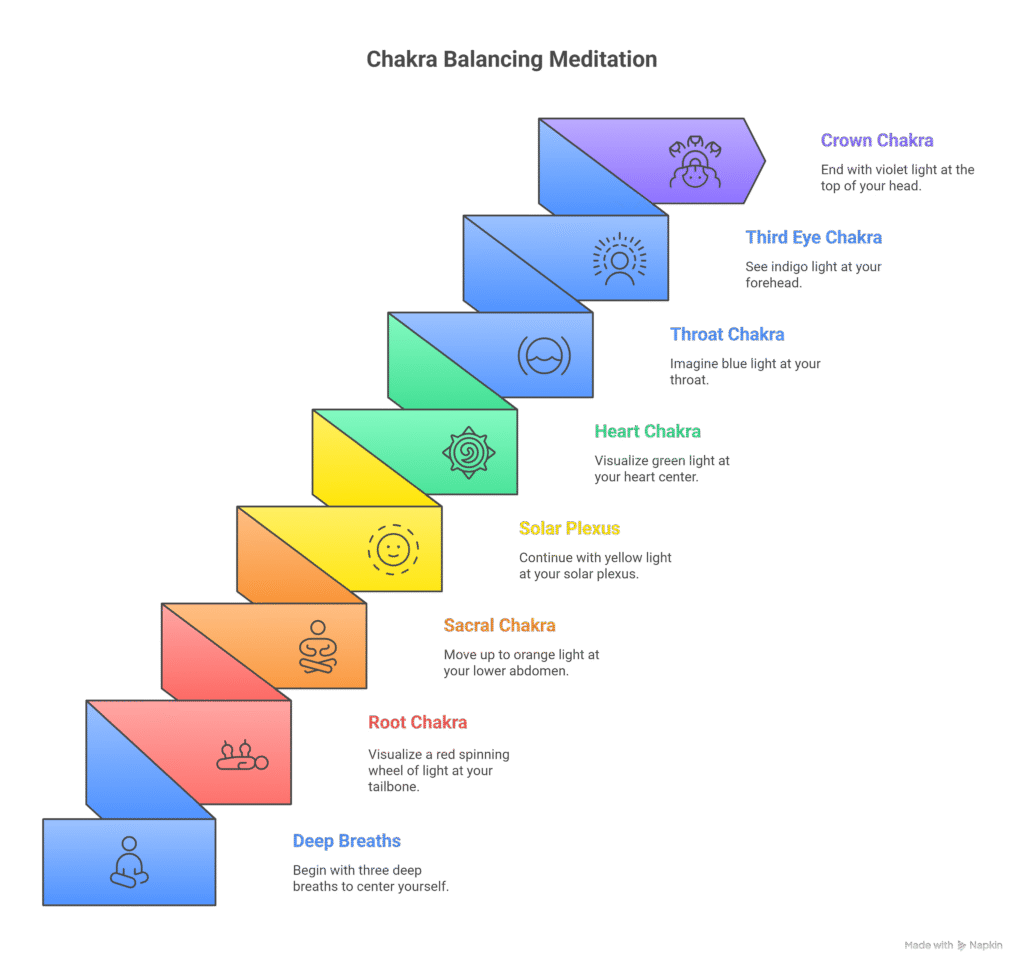 Step-by-step visual guide showing chakra balancing meditation through color visualization. The steps move upward from deep breaths to the Root, Sacral, Solar Plexus, Heart, Throat, Third Eye, and Crown chakras — each represented by a unique color and symbol, with corresponding light visualization instructions.