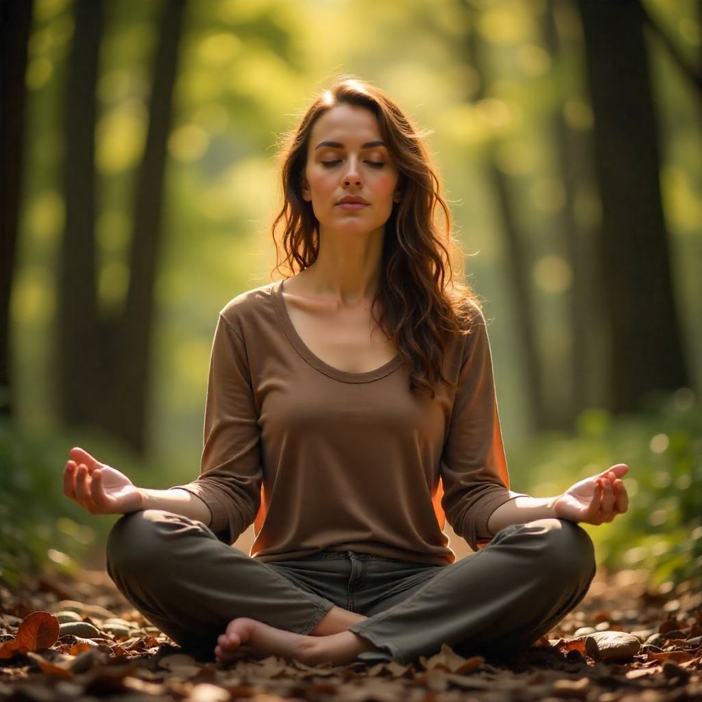A woman meditating peacefully in a forest, sitting cross-legged on the ground with eyes closed, surrounded by soft sunlight filtering through trees — symbolizing calmness, mindfulness, and connection with nature.