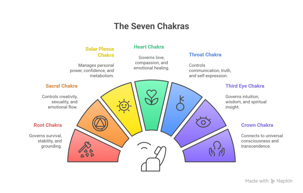 Illustration of the seven chakras arranged in a semi-circle, each labeled with its name, color, symbol, and key function — Root (red, grounding), Sacral (orange, creativity), Solar Plexus (yellow, confidence), Heart (green, compassion), Throat (blue, expression), Third Eye (indigo, intuition), and Crown (violet, consciousness).