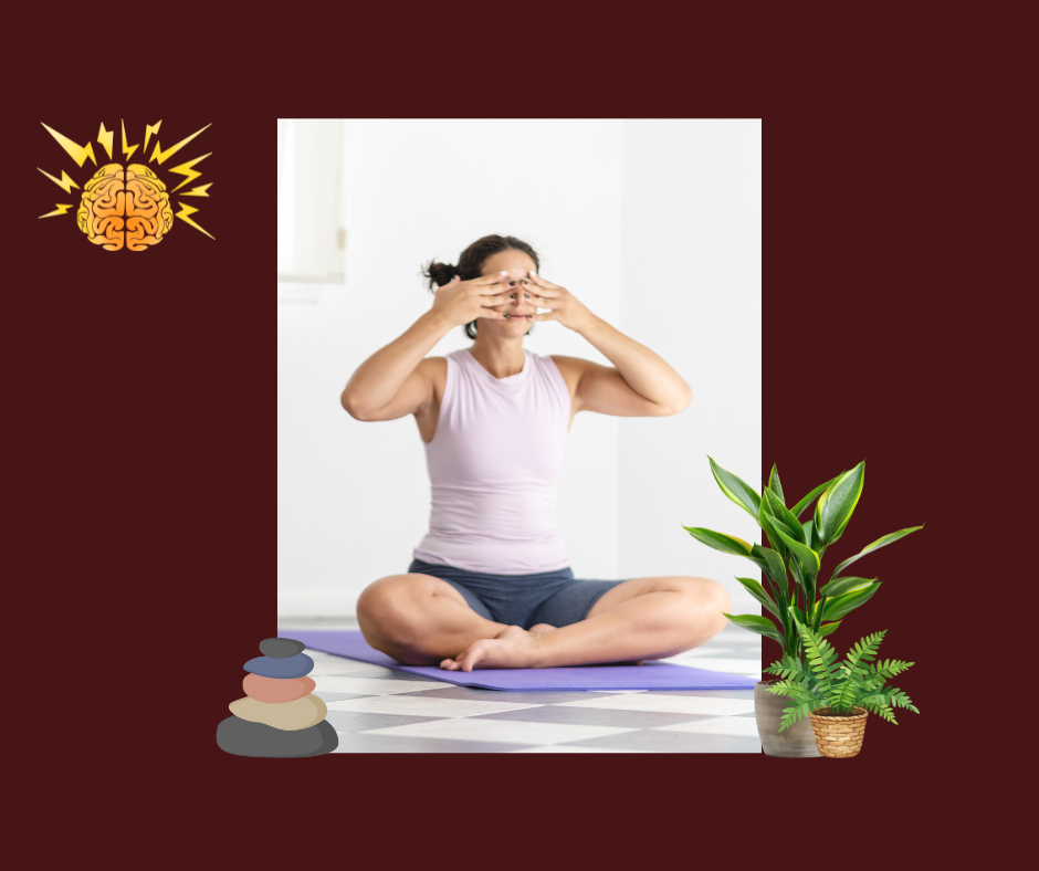 Woman practicing Bhramari Pranayama yoga at home to relieve stress and improve focus, sitting cross-legged on a mat with hands over eyes, surrounded by plants and calm decor.