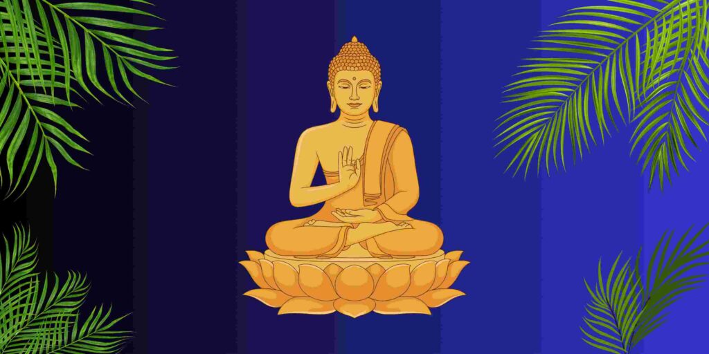Lord Buddha praying in gold in a blue background