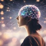 A serene woman meditates as a glowing neural network illuminates her brain, symbolizing the connection between meditation and enhanced intuition.