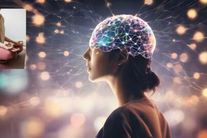 A serene woman meditates as a glowing neural network illuminates her brain, symbolizing the connection between meditation and enhanced intuition.