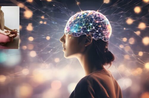 A serene woman meditates as a glowing neural network illuminates her brain, symbolizing the connection between meditation and enhanced intuition.