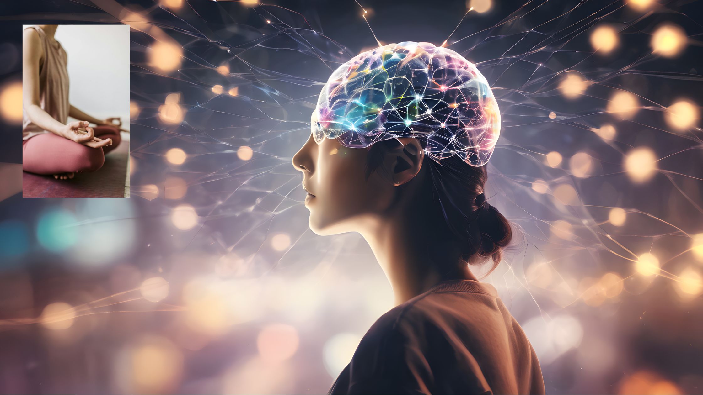 A serene woman meditates as a glowing neural network illuminates her brain, symbolizing the connection between meditation and enhanced intuition.