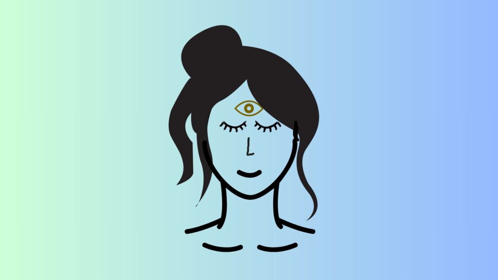 Minimalist illustration of a meditating woman with a highlighted Ajna chakra or third eye symbol on her forehead, set against a soft gradient background.