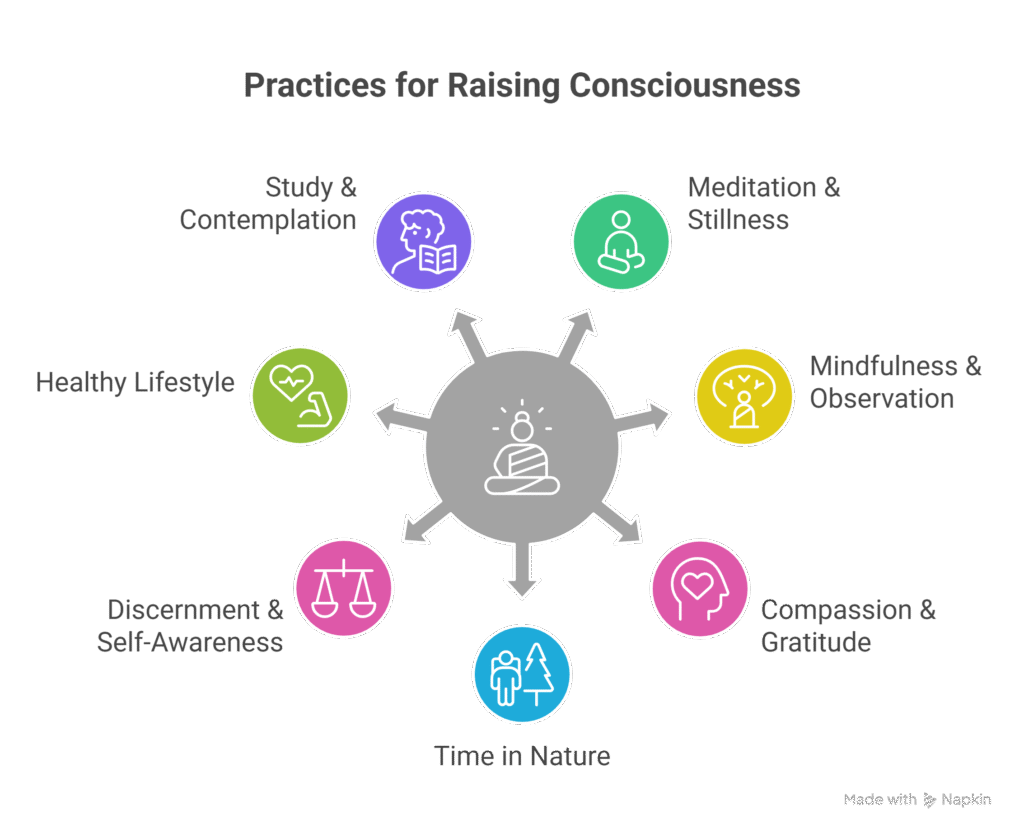 Diagram titled “Practices for Raising Consciousness” showing a central meditating figure with arrows pointing outward to seven practices: Study & Contemplation, Meditation & Stillness, Mindfulness & Observation, Compassion & Gratitude, Time in Nature, Discernment & Self-Awareness, and Healthy Lifestyle.