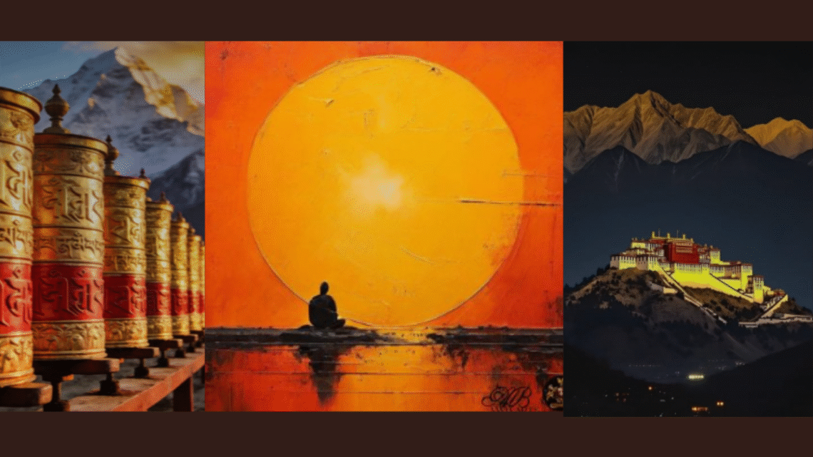 A collage featuring Tibetan prayer wheels, a meditating figure before a glowing golden sun, and the Potala Palace against the Himalayan mountains, symbolising mindfulness, spirituality, and higher consciousness.