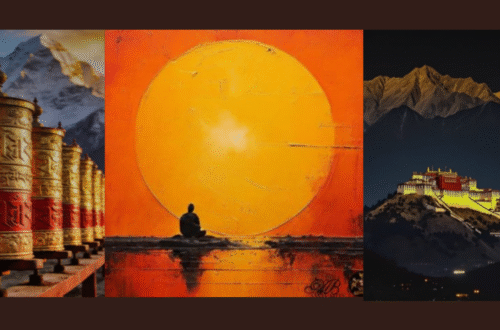 A collage featuring Tibetan prayer wheels, a meditating figure before a glowing golden sun, and the Potala Palace against the Himalayan mountains, symbolising mindfulness, spirituality, and higher consciousness.