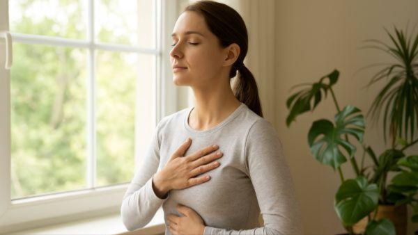 Woman practicing mindful breathing with one hand on her chest and the other on her abdomen during a meditation session near a sunlit window.