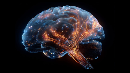 Illustration of a glowing human brain highlighting neural pathways, brain activity, neuroplasticity, and cognitive function.