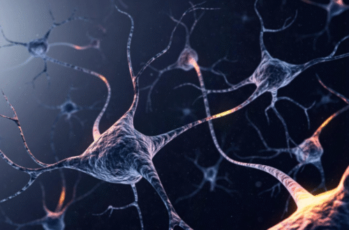 Interconnected neurons with glowing synapses illustrating brain activity, neuroplasticity, and neural communication.